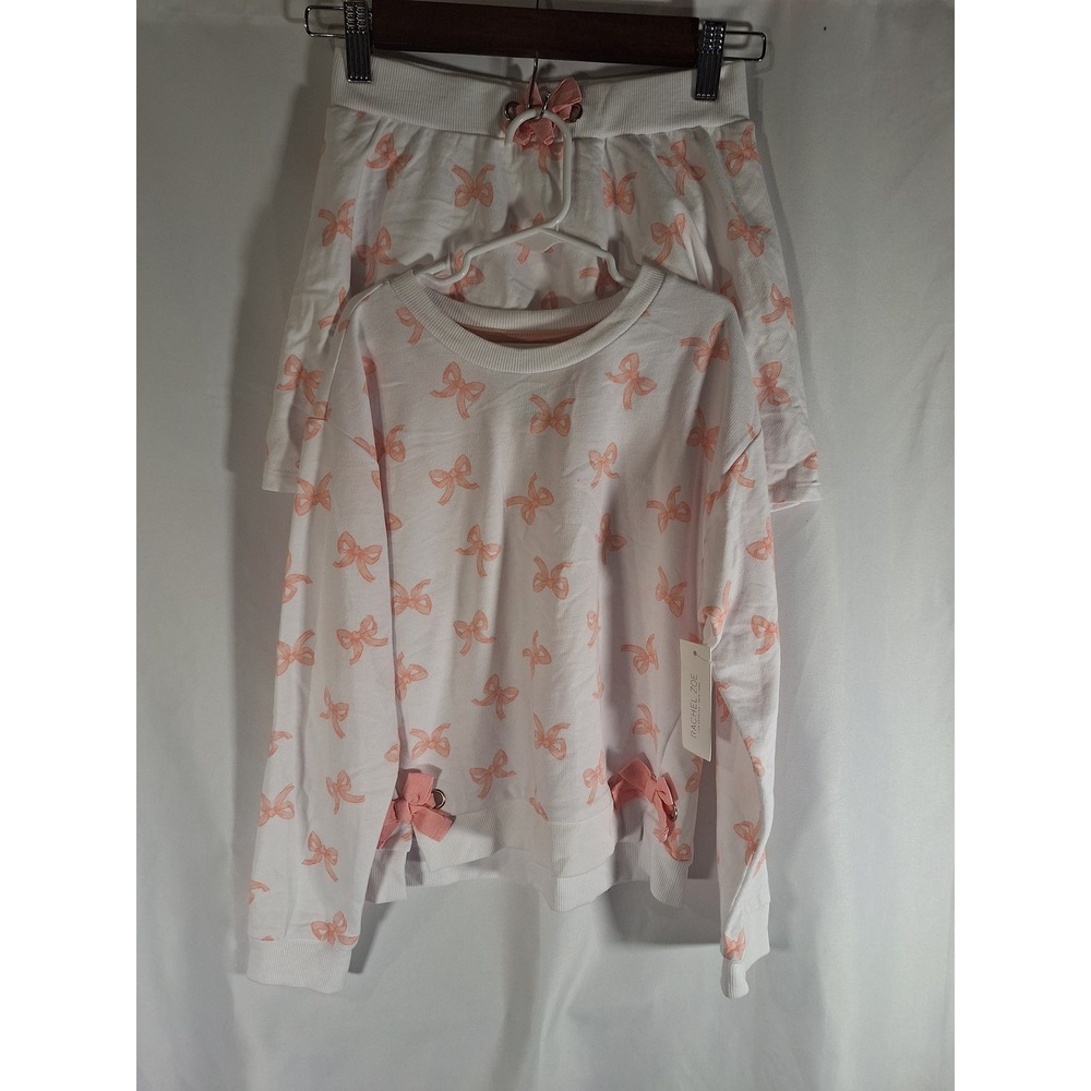Rachel Zoe Girls White Pink Bow Print Sweatshirt and Skirt 2pc Set Size‎ M 7/8